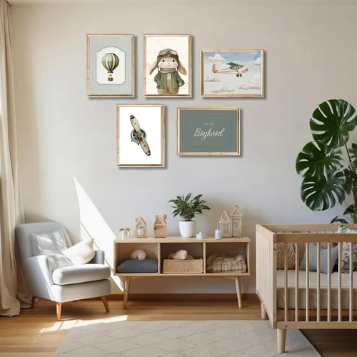 Miniatura 3 de ONEOLTN Arte de Pared en Lienzo Vintage de Conejito Piloto para Guardería Imágenes Temáticas de Aventura Habitación de Bebé Niño Póster de Avión
