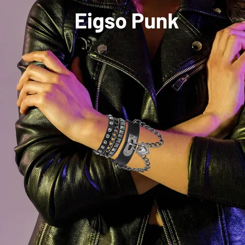 Miniatura 6 de Grevosea Pulsera de remache, pulsera punk de cuero con colgante de corazón multicapa, brazalete negro ajustable con remaches para deportes de roca