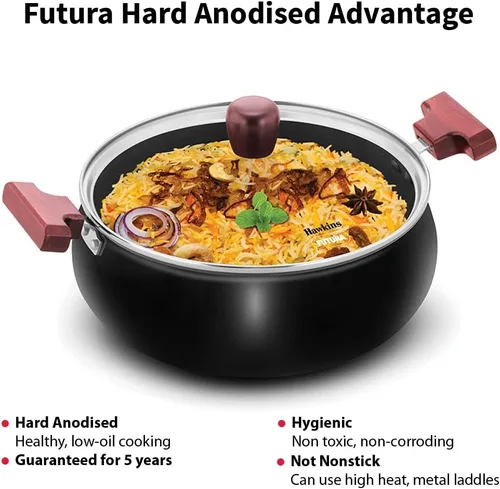 Miniatura 4 de Hawkins Futura - Cook n Serve Handi de 5 litros, anodizado duro Biryani Handi con tapa de vidrio, cacerola, sartén, negro (ACH50G) pulido