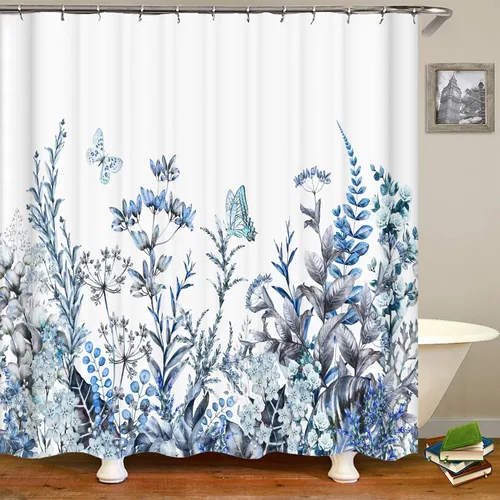 Miniatura 4 de Cortina de ducha floral, juego de cortina de ducha con flores azules, cortinas de ducha botánicas de flores silvestres para baño, tela impermeable