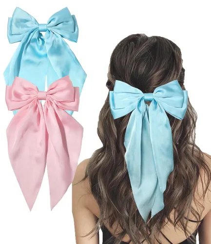 Miniatura 10 de Furling Pompoms Pinza para el Cabello Lazos para el Cabello, 2 piezas Lazos Grandes de Satén Beige/Negro para Mujeres y Niñas, Pasadores
