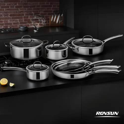 Miniatura 8 de ROVSUN Juego de 11 utensilios de cocina antiadherentes, juego de ollas y sartenes de acero inoxidable con tapas, juego de cocina no tóxico, sartén