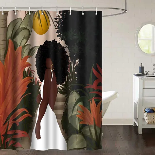 Miniatura 13 de Cortina de ducha de mujer afroamericana, sexy, de 36 x 72 pulgadas, poliéster, abstracto, bohemio, tropical, hojas de plantas tropicales, juego