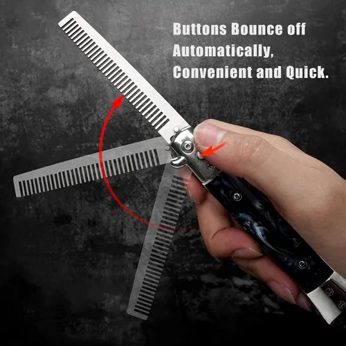 Miniatura 5 de Switchblade - Peine de bolsillo plegable, peine de barba de acero inoxidable para hombres, peines de bigote de dientes finos diseñados para Negro
