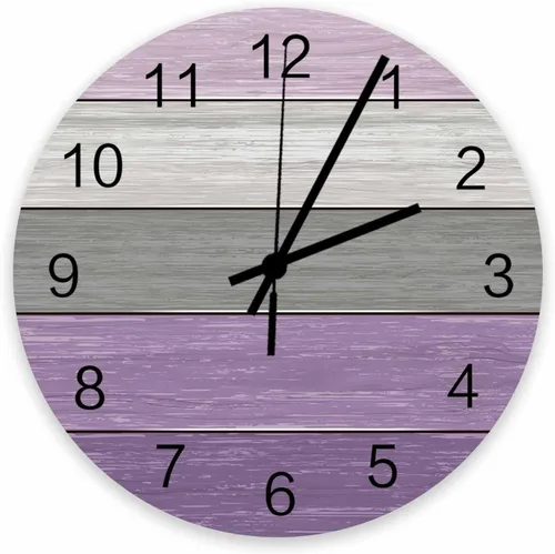 Reloj de pared de madera púrpura de 12 pulgadas, silencioso, sin tictac, reloj de pared redondo, estilo campestre vintage, rayas grises y moradas,