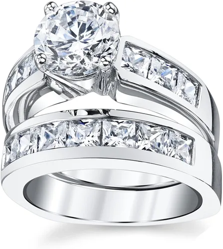 Miniatura 3 de Set de anillos de compromiso de plata esterlina con ronda y corte princesa de circonia cúbica