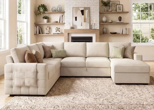 Miniatura 6 de HONBAY Sofá seccional con cama extraíble, sofá cama seccional con almacenamiento, sofás en forma de U para sala de estar, terciopelo beige