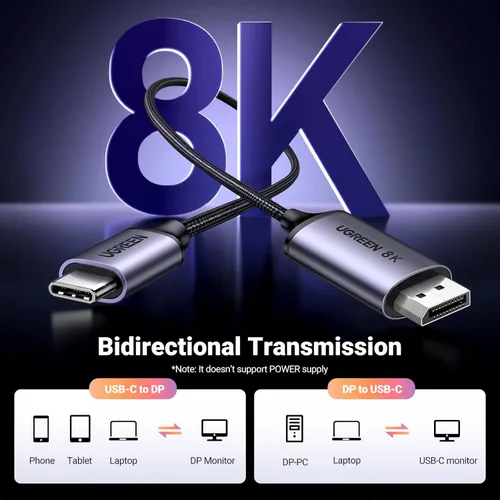 Miniatura 2 de UGREEN Cable bidireccional USB C a DisplayPort 1.4 8K @60Hz 4K a 240Hz DisplayPort a USB C Thunderbolt 4 cable Alu trenzado compatible con iPhone 17