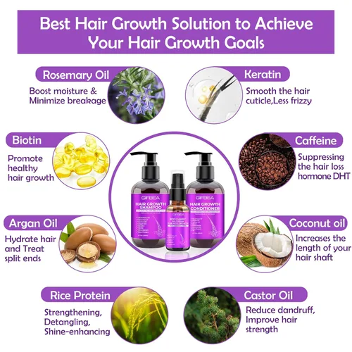 Miniatura 3 de Set de champú y acondicionador para el crecimiento del cabello con aceites de romero, biotina, argán y ricino para cabello adelgazante, dañado