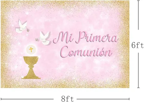 Miniatura 3 de MEHOFOND Telón de fondo de bautismo para niño de 8 x 6 pies, pancarta de bautizo con purpurina dorada para cáliz, palomas de cáliz azul sagrado