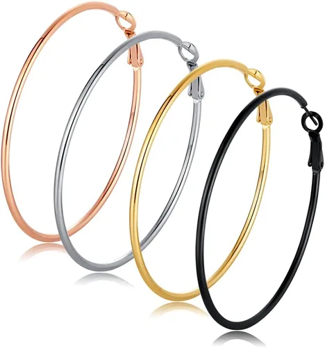 Juego de 4 pares de aretes de aro grandes para mujeres y niñas, de acero inoxidable 316L, hipoalergénicos, chapados en plata, chapados en oro de 14