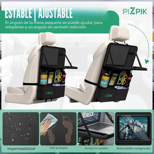Miniatura 5 de Organizador de asiento trasero de automóvil Plzpik con soporte para tableta, 11 bolsillos de almacenamiento con bandeja plegable para alimentos