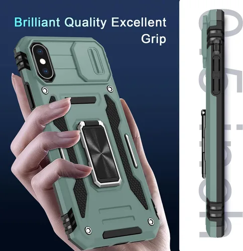 Miniatura 7 de DEERLAMN Funda para iPhone Xs Max con funda deslizante para cámara + protector de pantalla, soporte giratorio de anillo de grado militar a prueba