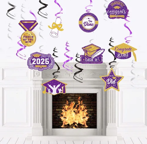 Miniatura 7 de Decoraciones de graduación de oro morado 2026/oro morado, decoraciones de fiesta de graduación NYU colgantes clase de 2026 púrpura para fiesta