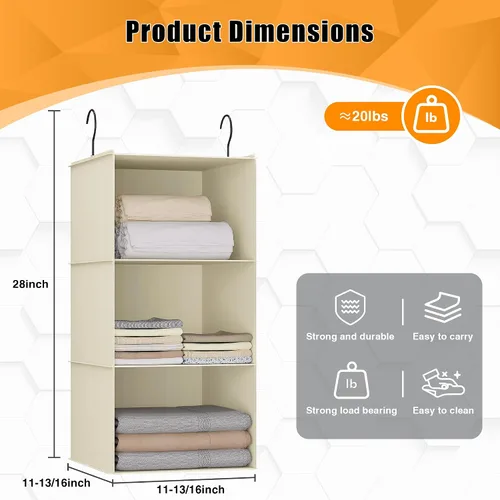 Miniatura 3 de Organizador colgante para armario y almacenamiento con 3 estantes, estantes colgantes plegables de montaje fácil para guardar ropa, bolsos, zapatos