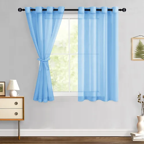 Miniatura 95 de Hiasan - Cortinas traslúcidas de gasa cortas semitransparentes con ojales y alzapaños filtrantes de luz para ventana, dormitorio, baño, 2 paneles