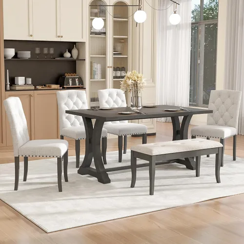 Juego de mesa de comedor de 6 piezas estilo granja, mesa rectangular con soporte y 4 sillas tapizadas y banco, juego de muebles de cocina para la