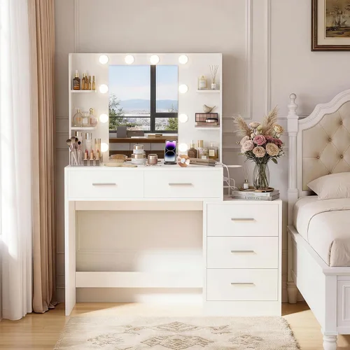 Miniatura 2 de YESHOMY Escritorio de maquillaje con espejo y luces, mesa de tocador con 5 cajones, 6 estantes, estación de carga para dormitorio, vestidor, blanco