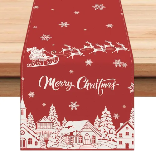 Miniatura 10 de Bonhause Camino de mesa de reno de Navidad de 13 x 72 pulgadas, trineo de Papá Noel, rojo, dorado, temporada de invierno, vacaciones, cocina