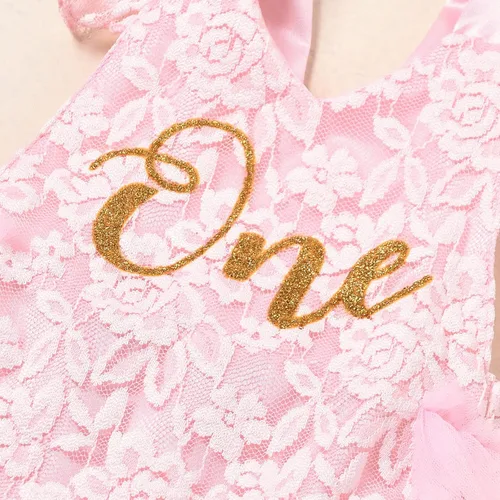 Miniatura 4 de Traje de primer cumpleaños para niña con volantes manga corta encaje floral vestido de tul diadema de corona sesión de fotos