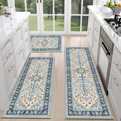 Miniatura 28 de HEBE - Juego de 3 alfombras de cocina de granja, antideslizantes, lavables, tapetes de cocina bohemios para suelo, alfombra de cocina, alfombra