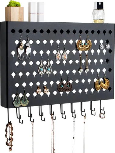 JackCubeDesign MK329A - Organizador de joyas montado en la pared, collar y aretes, soporte para pulsera con 109 agujeros y 19 ganchos (negro, 16.5 x