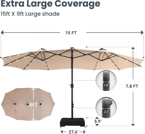 Miniatura 6 de PHI VILLA Sombrilla de patio grande de 15 pies con base y luces solares, paraguas rectangular de doble cara para exteriores con 36 luces LED, Beige