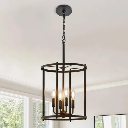 Miniatura 10 de Luvkczc Candelabro de 4 Luces, Luz de Techo Estilo Granja, Lámpara de Linterna Negra Accesorios de Iluminación con Jaula de Cuerdas, Altura