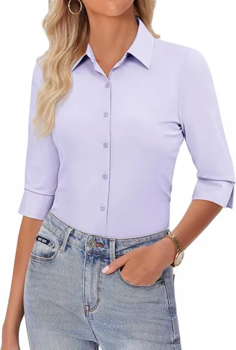 Miniatura 6 de siliteelon Camisas con botones para mujer, manga 3/4, elástica, ajustada, sin arrugas, cuello para negocios, trabajo, tops