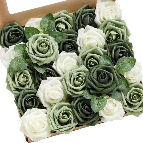 Miniatura 14 de Ling’s Moment - Flores Artificiales, 50 piezas, Rosas Verde Pavo Real con Tallos, 3" de Tacto Real, Espuma DIY para Ramilletes de Boda/Centros