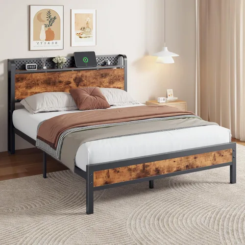 Miniatura 8 de Furnulem Base de cama Queen con almacenamiento de cabecero, marco de cama tamaño Queen con estación de carga y luces LED, no necesita somier