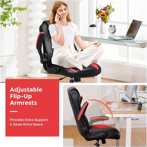 Miniatura 4 de COMHOMA Silla ergonómica para juegos de oficina para adultos, con soporte lumbar, brazos abatibles, altura ajustable, ruedas giratorias de piel Nred