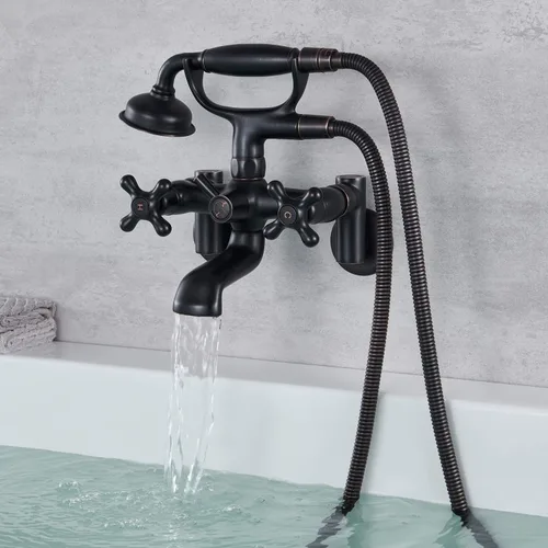 Miniatura 8 de Clawfoot - Grifo de bañera de montaje en pared, grifos de bañera de oro cepillado con ducha de mano, con forma de teléfono vintage, ajustable de 3 a