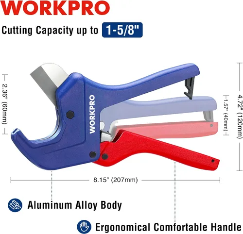Miniatura 4 de WORKPRO Cortador de tubos de PVC con trinquete, hasta 1-5/8 pulgadas, cortador de tubos y tubos de plástico para mangueras de PEX, PVC, PPR
