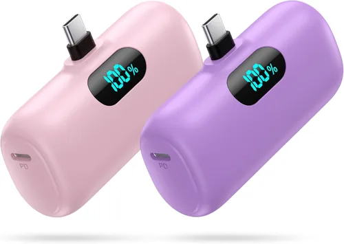 [Paquete de 2] Mini cargador portátil de 5000 mAh, batería portátil de 3A PD USB C, batería de pantalla LCD compatible con iPhone 17/17 Air/16/16