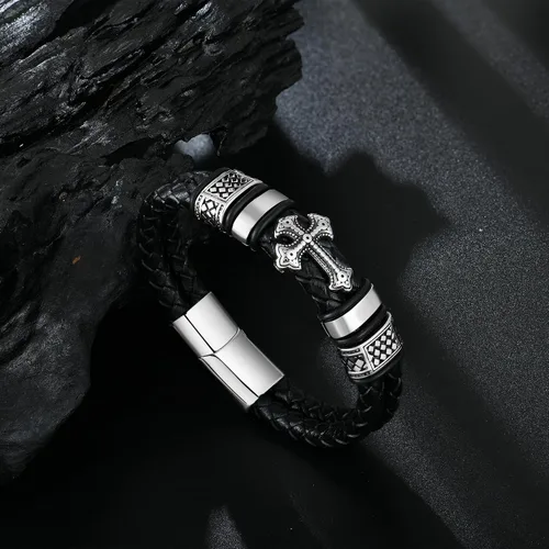 Miniatura 4 de Raymard Pulsera de cuero de doble fila cristiana para hombre - negrorojodorado y azul marino trenzado pulsera para hombres
