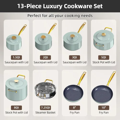 Miniatura 2 de Nuwave Lux LE - Juego de utensilios de cocina de 13 piezas con elegante mango dorado, cerámica antiadherente con infusión de diamante, sin PFAS
