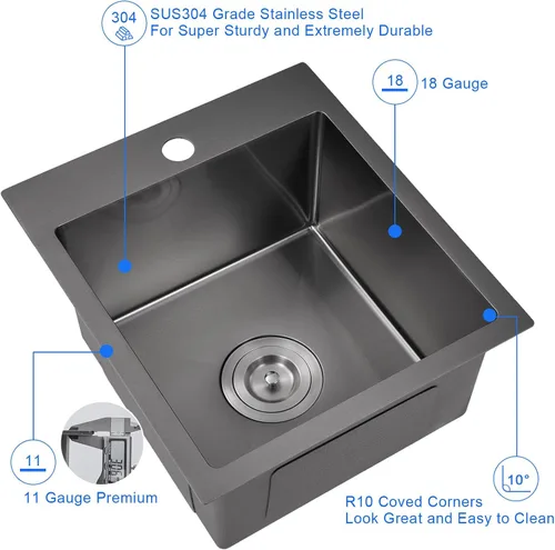 Miniatura 4 de Fregadero de cocina de 15 x 17 pulgadas, fregadero de barra de cocina de 18 calibres de acero inoxidable con un solo orificio para grifo, fregadero
