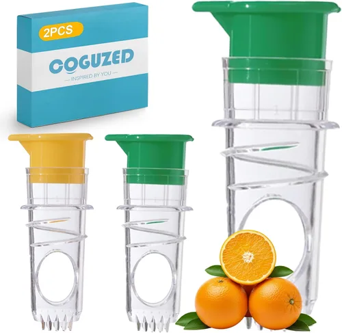 CoguZed Paquete de 2 exprimidores manuales de limón y lima, mini exprimidor portátil de cítricos con tapa para extracción de jugo fresco