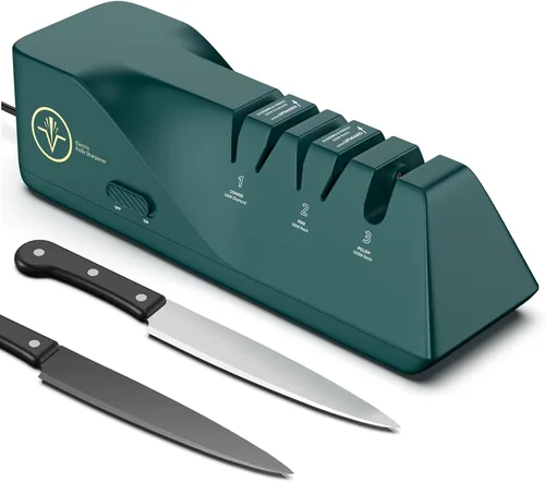 Afilador de cuchillos, afilador de cuchillos eléctrico con abrasivos de diamante para cuchillos de acero inoxidable y cerámica, con caja de