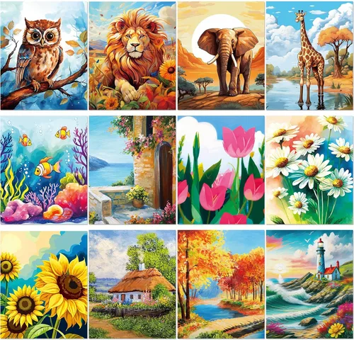 Miniatura 4 de Sherr 12 lienzos predibujados para pintar animales, lienzos preimpresos para pintar para principiantes, estudiantes, suministros de pintura