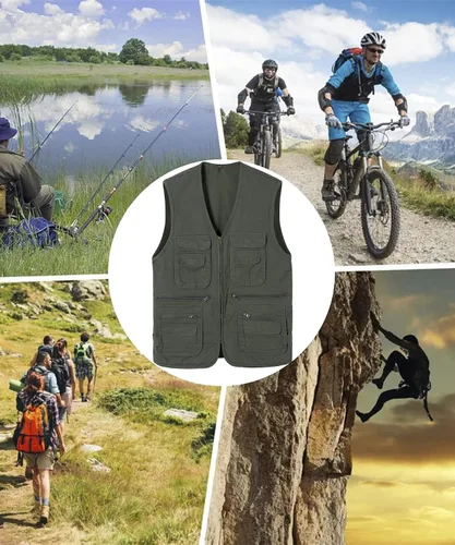 Miniatura 7 de Chaleco de pesca para hombre con múltiples bolsillos, sin mangas, chaleco de caza, safari, viajes, al aire libre, chaleco casual