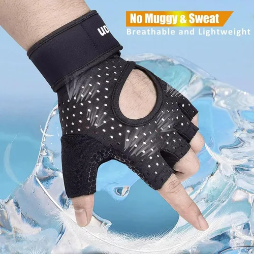 Miniatura 2 de ihuan Guantes transpirables para levantamiento de pesas: soporte de muñeca para ejercicio sin dedos Mejora la protección de la palma Agarre Negro
