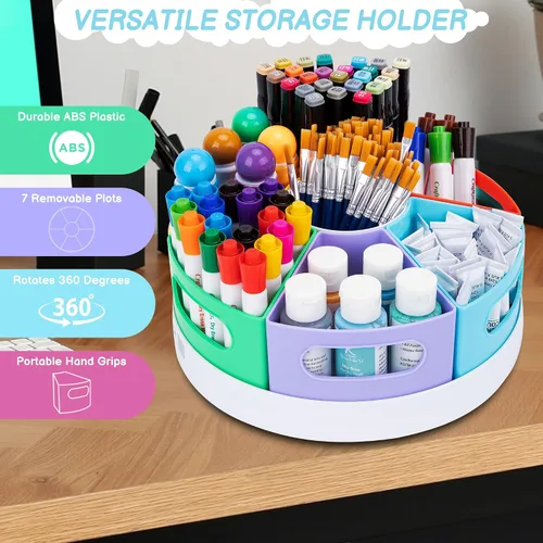 Miniatura 6 de CraftGenes Organizador de Suministros de Arte, Portálápices Extra Grande de 360° con 7 Compartimentos Removibles para Niños, Organizador