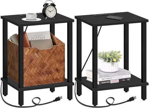 Miniatura 30 de TUTOTAK Mesa auxiliar con estación de carga, pequeña mesa auxiliar con tomas de corriente, mesita de noche, mesa de cabecera, estante de Gris beige