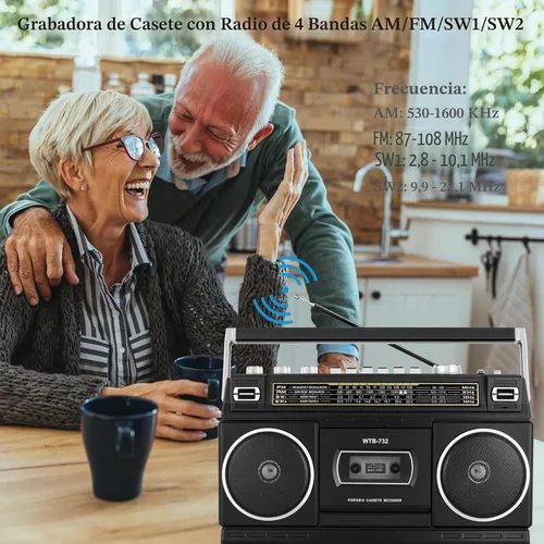 Miniatura 3 de Boombox portátil estilo retro clásico de los años 80 con reproductor grabador de casete, radio AM/FM/SW1/SW2, Bluetooth, ranuras USB/Micro SD