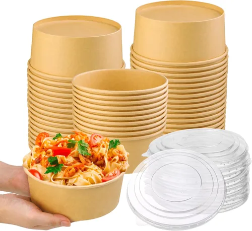 Miniatura 9 de Paquete de 50 cuencos de papel kraft de 17 onzas con tapas, cuencos desechables para sopa caliente, cuencos de papel con tapas, contenedor