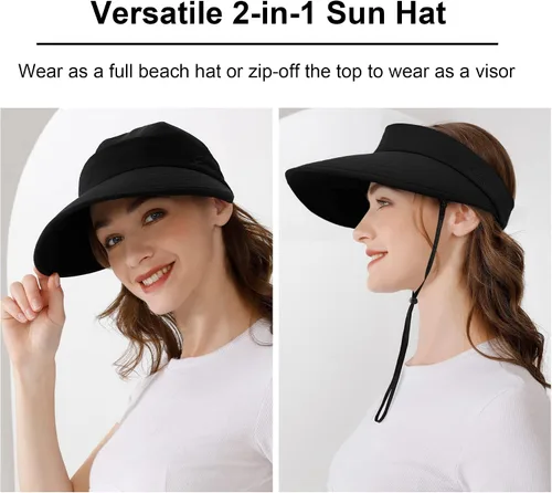 Miniatura 2 de Sombrero de sol para mujer, 2 en 1, con cremallera, protección solar, visera de playa, sombrero de golf plegable