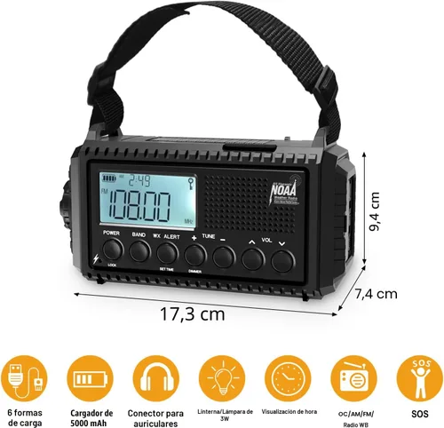 Miniatura 6 de Raynic - Radio meteorológica NOAA, radio de emergencia solar con manivela de 5000 mAh/18 500 mWh, radio portátil a batería con AM/FM/SW/NOAA