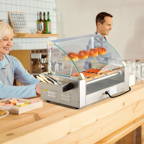 Miniatura 7 de 18 Hot Dog 7 Roller 1050W, máquina de cocina para perros calientes con iluminación LED, control de temperatura doble, cubierta, estante extraíble